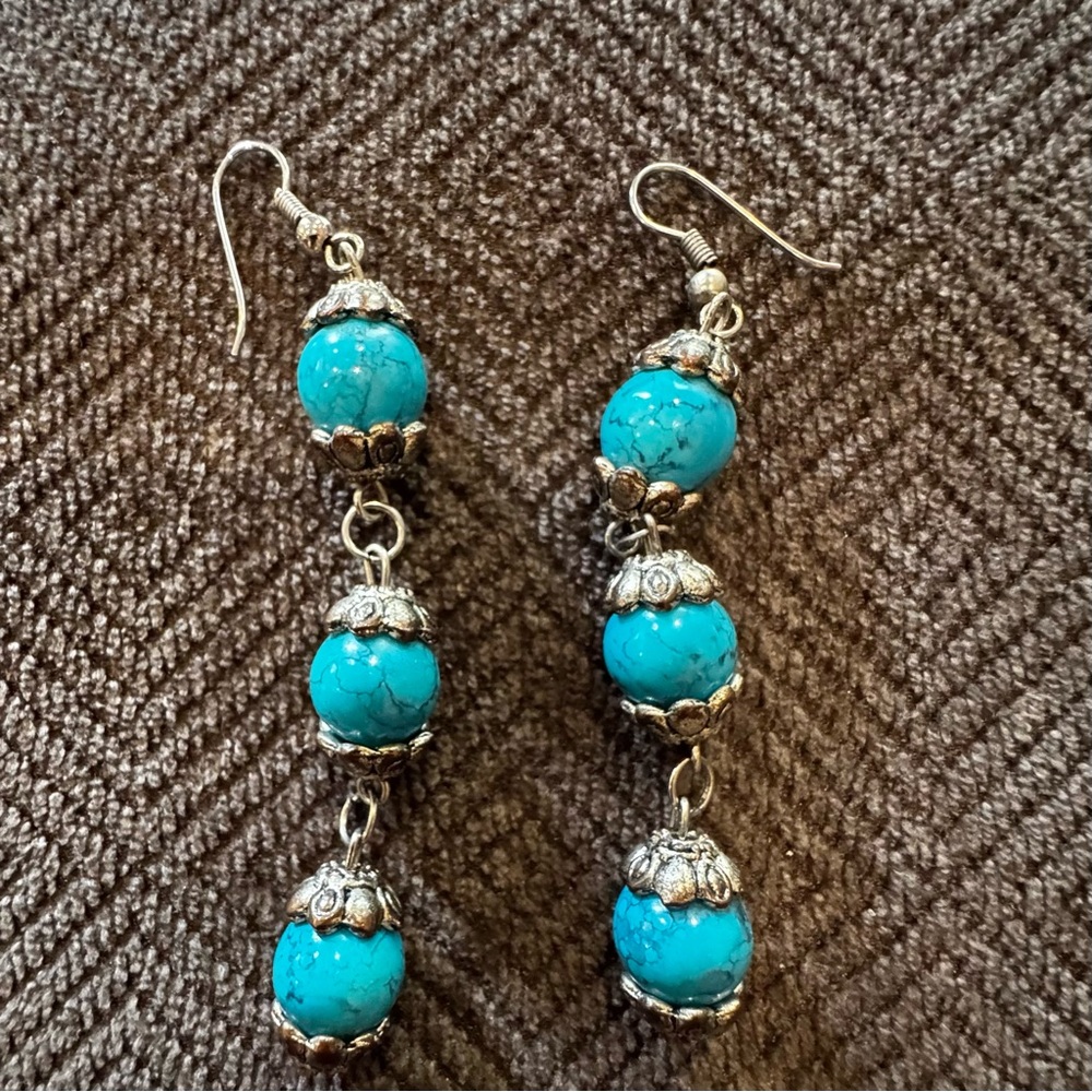 Turquoise Silver Tone Faux Dangling Earrings